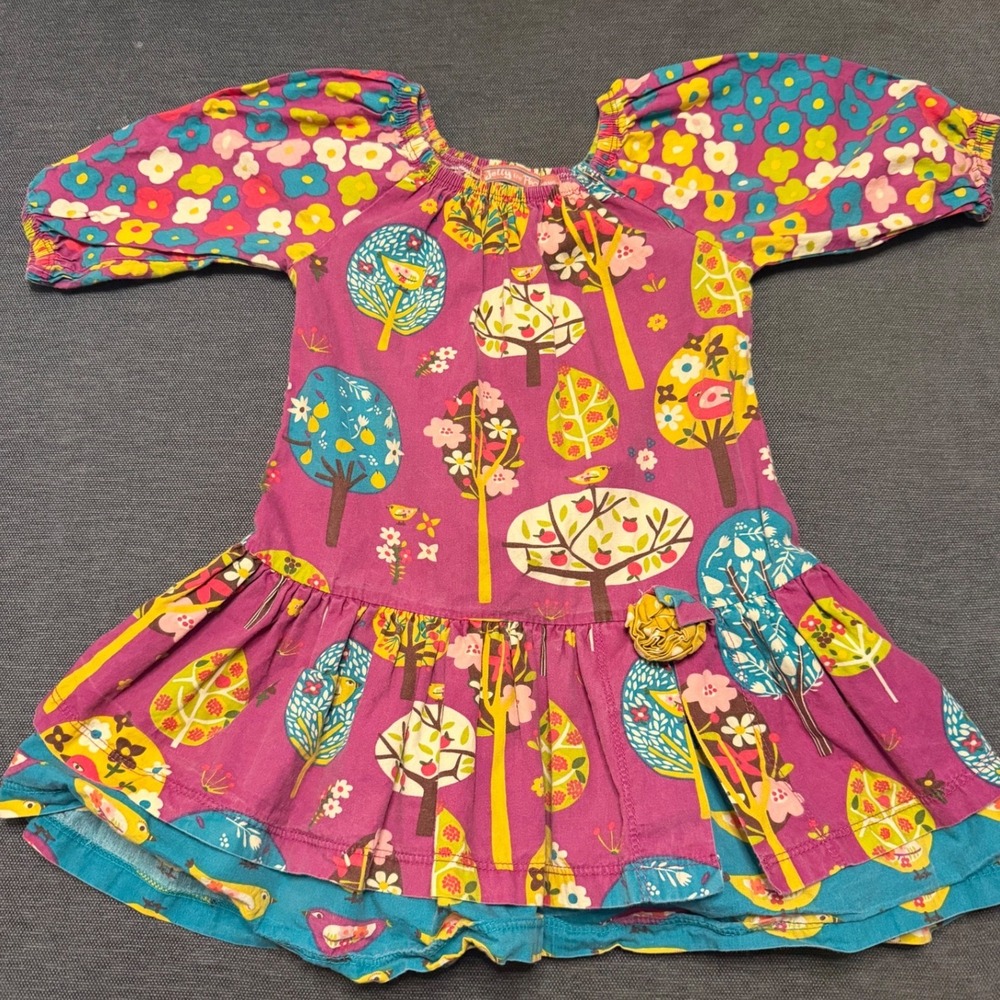 Jelly the‎ Pug Girls Whimsical Tree Bird Print Ruffle Dress Purple Teal 18M